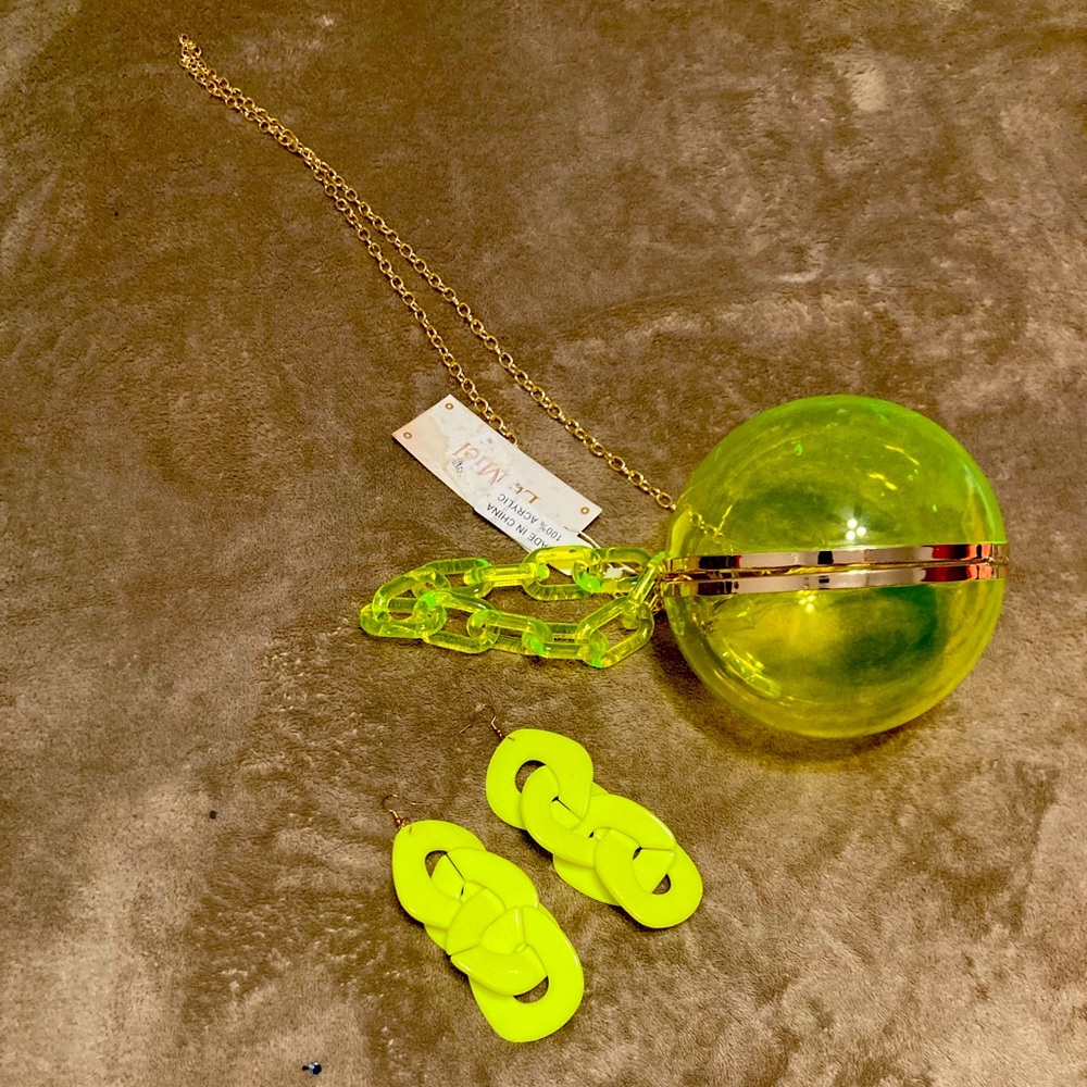 Acrylic sphere shaped purse w/ matching earrings.